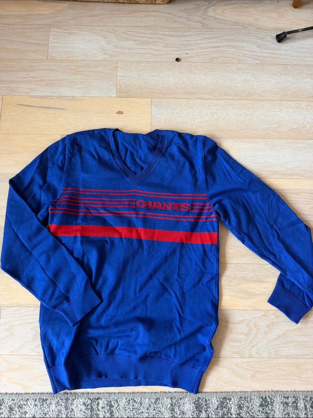 Blue V-Neck Sweater with Red Stripe - Men's Giants Knit Pullover